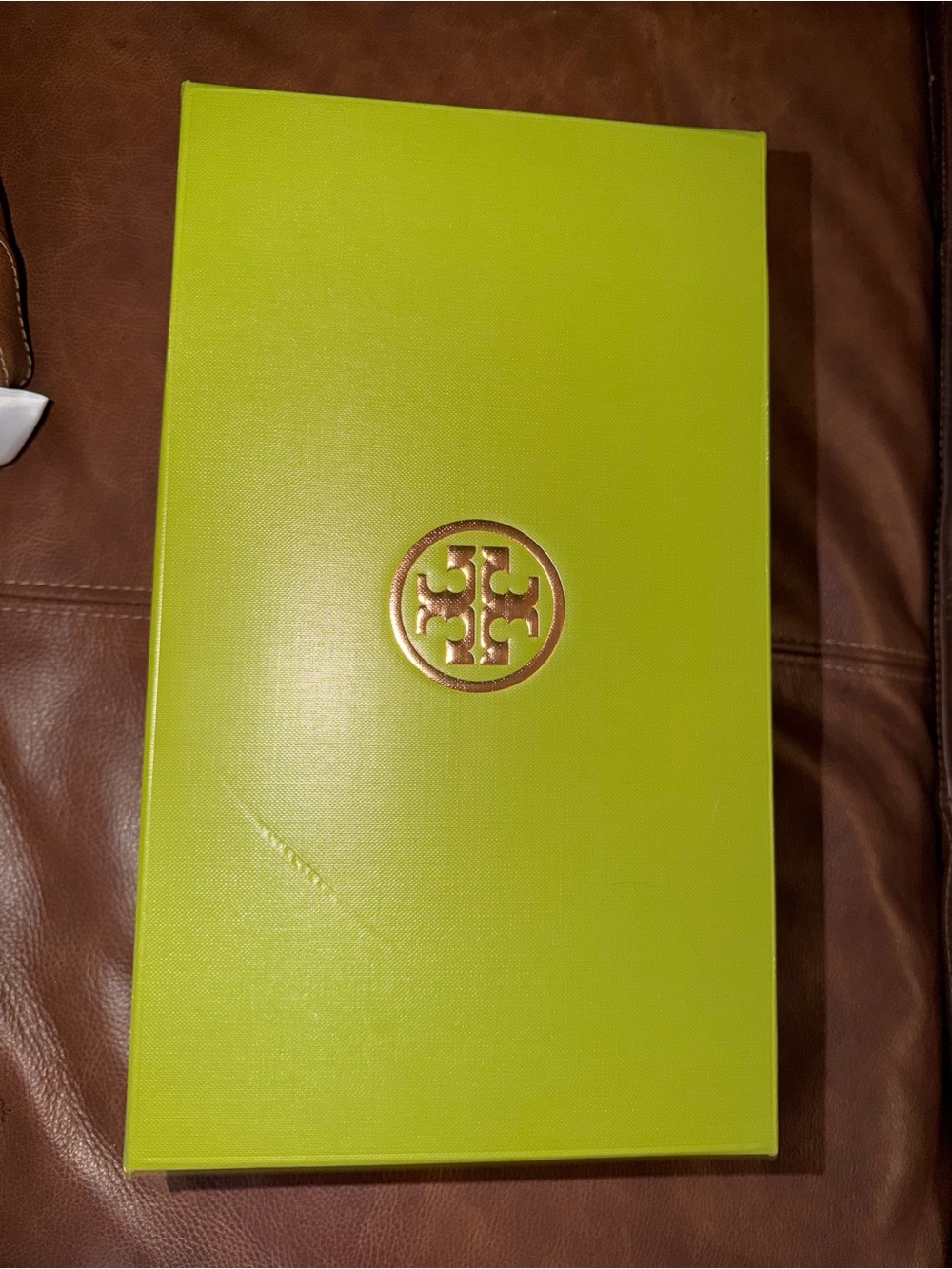 Tory Burch Neon Lime Green Logo Gift Box with Gold Emblem